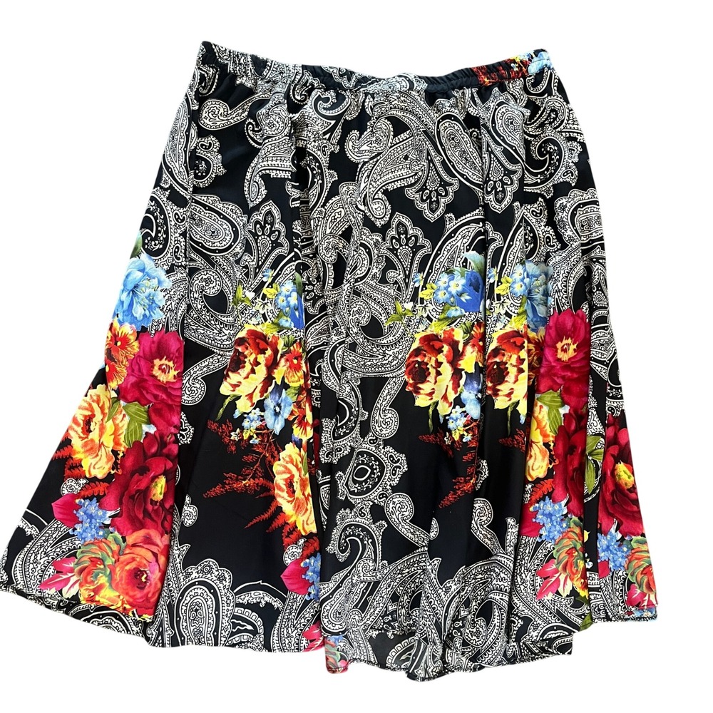 Flint & Moss New York Womens XL Paisley Floral Elastic Waist Flared Skirt Black